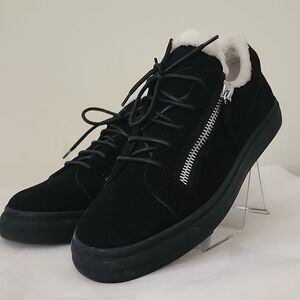 Giuseppe Zanotti London Black Suede Shearling Lined Zipper Flat Sneakers US 10.5